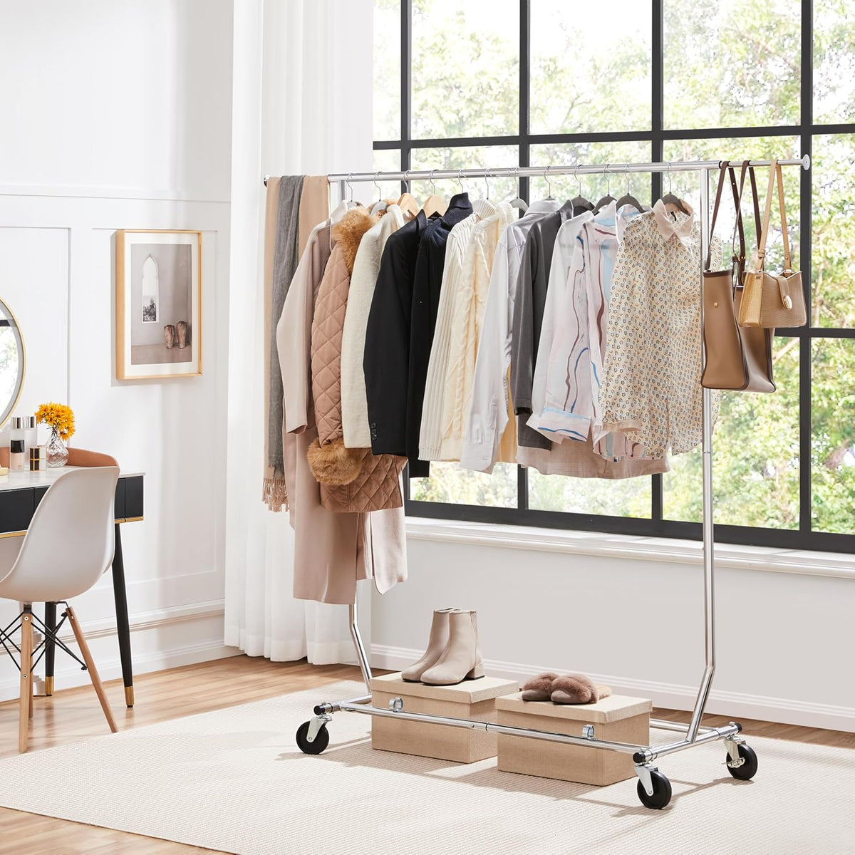 Commercial Clothing Garment Racks on Wheels, Grade Single Rod Adjustable Height Clothes Rack on Wheels for Hanging Clothes, Heavy Duty Upright Clothes Rack with Wheels, Silver