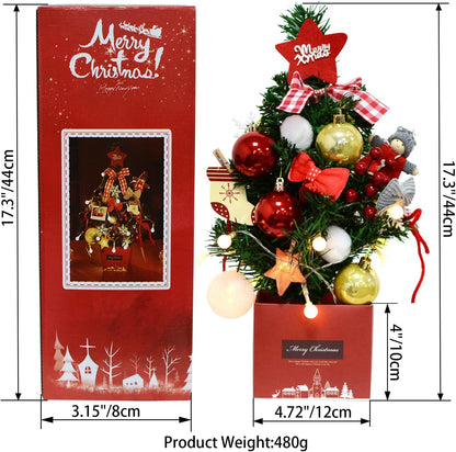 Small Tabletop Christmas Tree,17.3"/44Cm Table Top Tree with 6.5Ft Battery Operated Lights String & Ornaments, Decoration for Desk Decor,Kids Bedroom,Office and Home Supplies(Red)