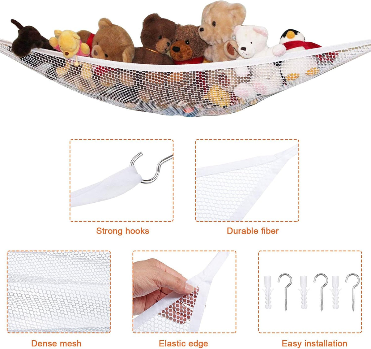 4 Pieces Stuffed Animal Hammocks Stuffed Toy Storage Hammock Nets Jumbo Wall Sling Corner Mesh Toy Organizer, Doll Hanging Net with Hooks for Bedroom Playroom Plush Toys, White