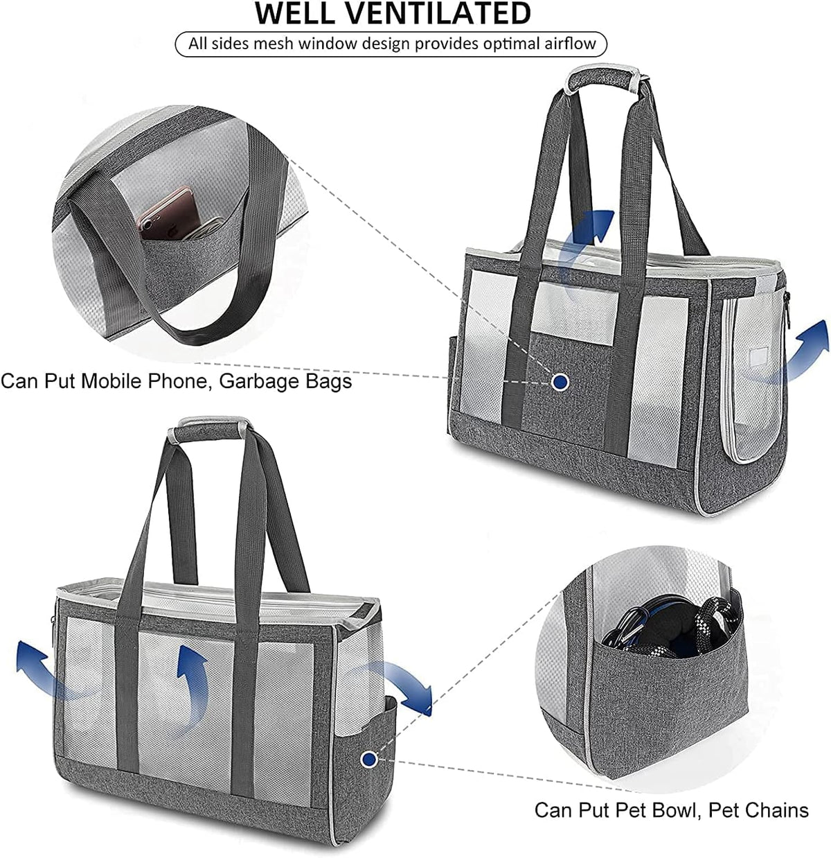 Dog Purse Carrier for Small Dogs Cats, Foldable Soft-Sided Pet Tote Carrying Bag with Safety Leash, Breathable Mesh Pet Purse Bag for Outdoor Shopping Walking Hiking (Large, Grey)