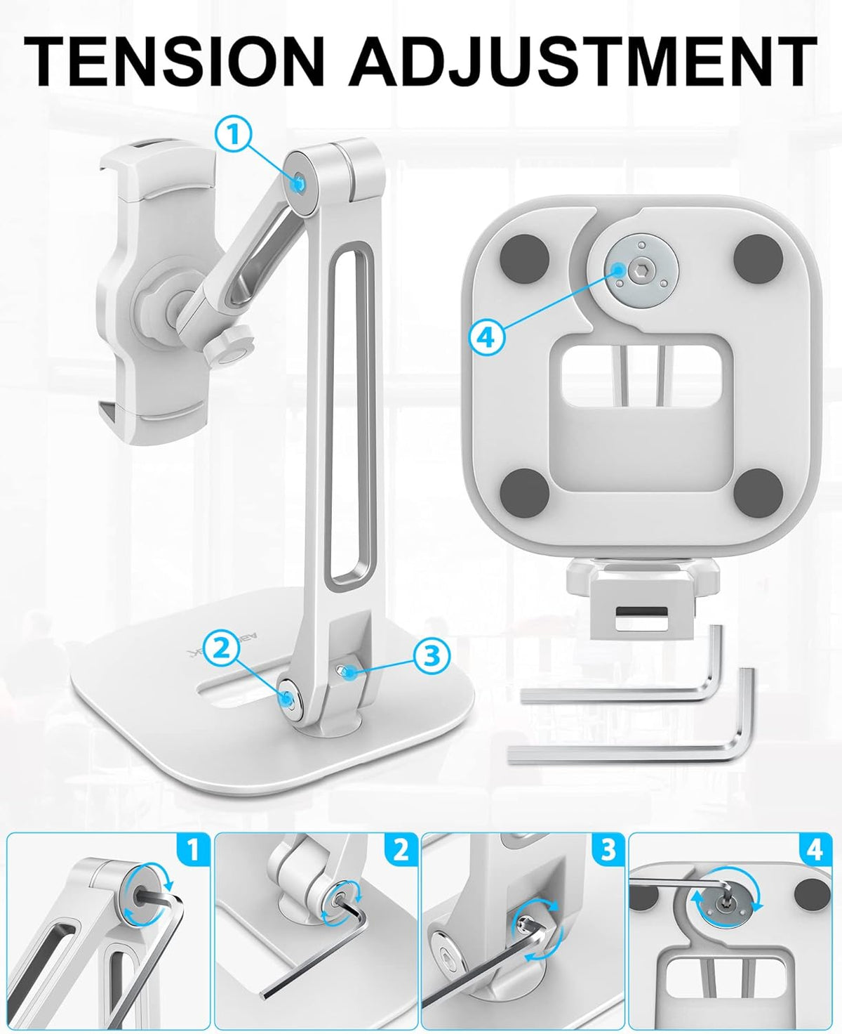 Ipad Stand Holder, Multi-Angle Adjustable Tablet Stand, 360° Swivel Ipad Stand Aluminum Desk Mount Fits 4”-11"(Diagonal) Ipad/Mini/Air/Pro for Business Kiosk Office – White