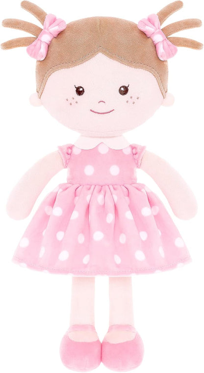 Plush Rag Doll Sleeping Cuddle Buddy Doll Soft Baby Doll for Girls First Baby Doll Wear Pink Skirt Dress 14"（Milly Series）