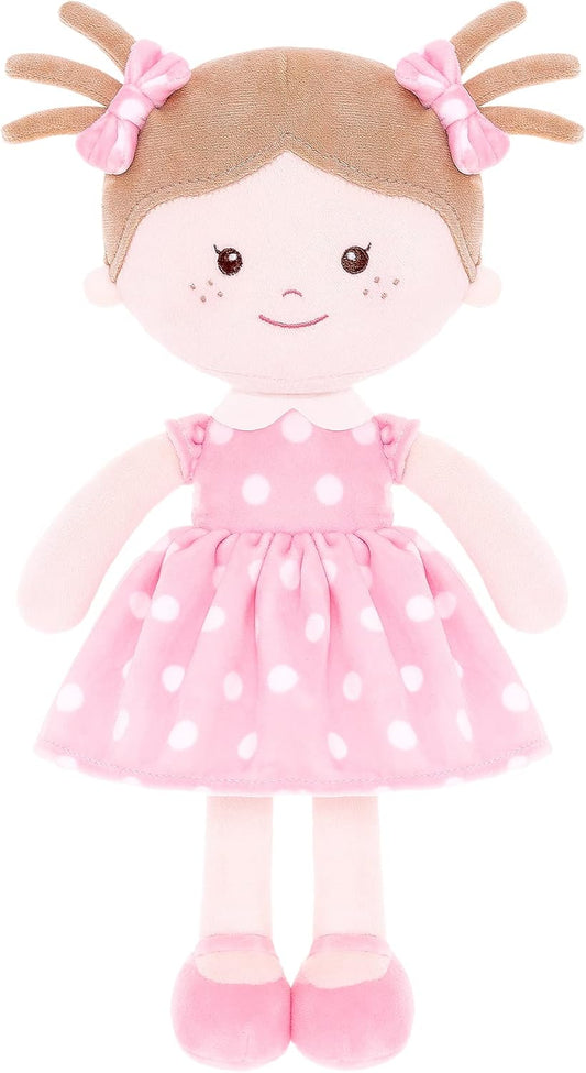 Plush Rag Doll Sleeping Cuddle Buddy Doll Soft Baby Doll for Girls First Baby Doll Wear Pink Skirt Dress 14"（Milly Series）