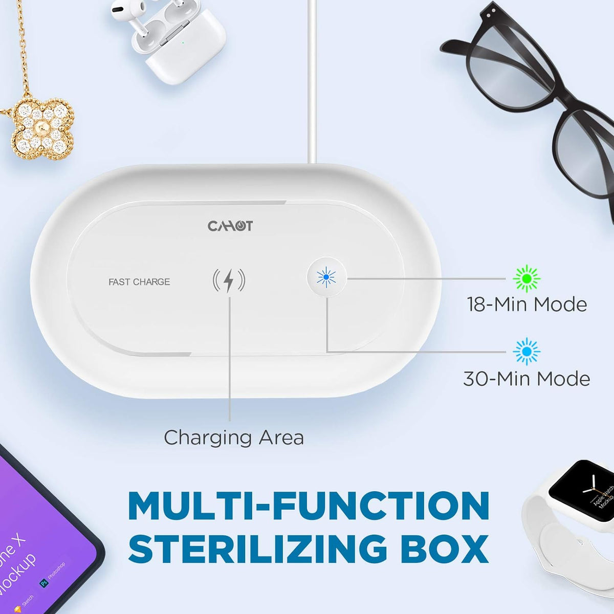 UV Light Sanitizer Box with Wireless Charging, 8 UV-C LED Lights for Phones, Toothbrushes, Nail Tools, Jewelry, and More (White)